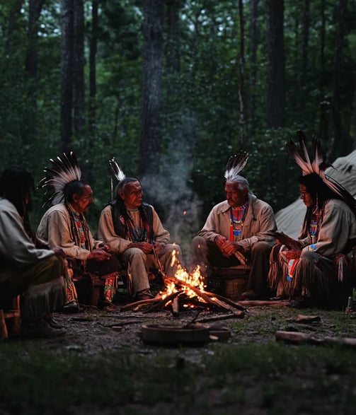 1827 Creek settlement in the southeastern U.S., tribal leaders seated around a fire