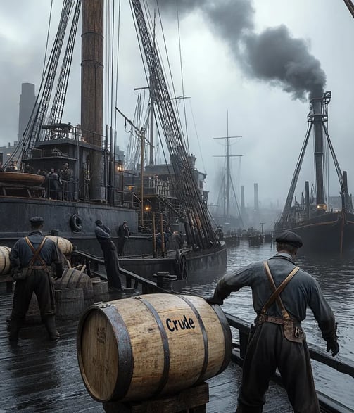 861, busy Philadelphia port, dockworkers in coarse wool shirts and suspenders rolling heavy wooden o