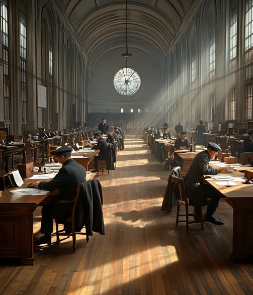 1914, Washington D.C. State Department office, sunlight pouring through tall arched windows