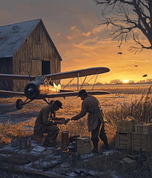 1926 rural Illinois airfield at dawn, dusty ground littered with wrenches and fuel cans