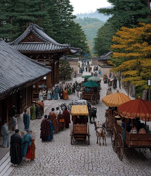 autumn morning in the imperial city of Nara, Emperor Kammu’s royal entourage prepares to depart