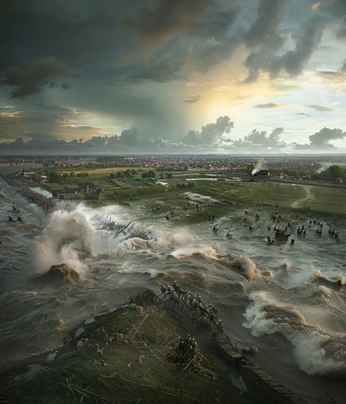 shot of Dutch rebels, the Watergeuzen, breaking dikes to flood the land around Leiden