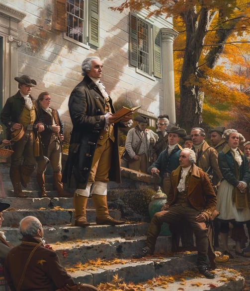 President George Washington reading the Thanksgiving proclamation aloud to an attentive group