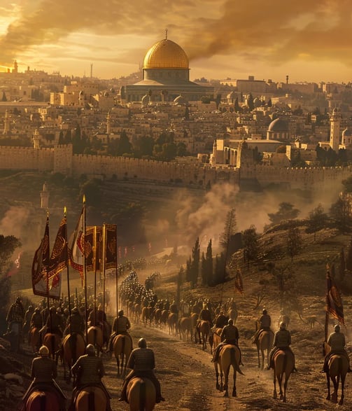 A panoramic view of Sultan Saladin’s army marching toward the walled city of Jerusalem in 1187