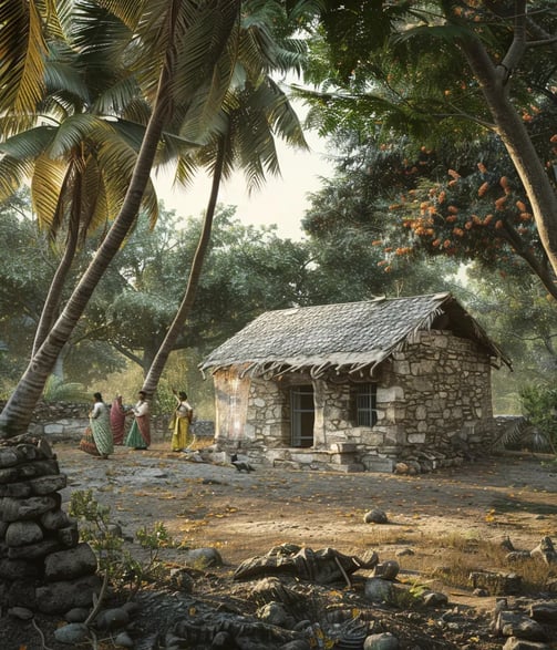 serene depiction of Porbandar, India, in 1869., a modest stone home