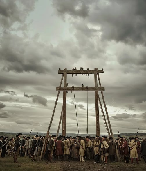 wide-angle shot of John André’s execution in 1780, set in a rural American village