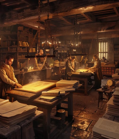 printing press in 16th-century England producing the first pages of the Coverdale Bible