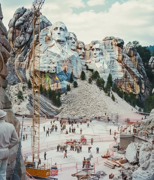 workers beginning the monumental task of carving Mount Rushmore in South Dakota.