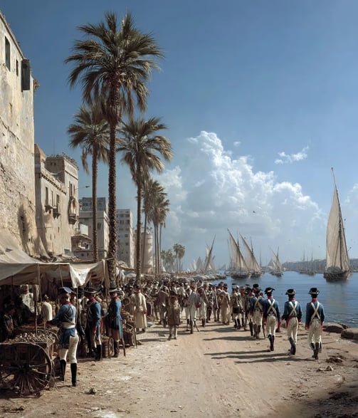French grenadiers in bicorn hats and blue coats step from a beached longboat