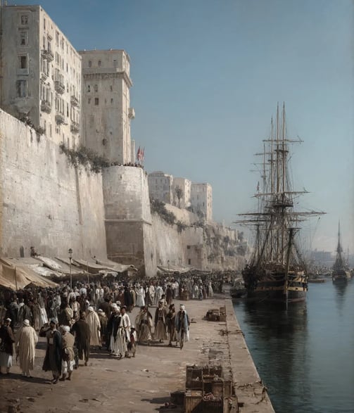 Golden Mediterranean morning light on Algiers’ whitewashed fort walls and Moorish towers