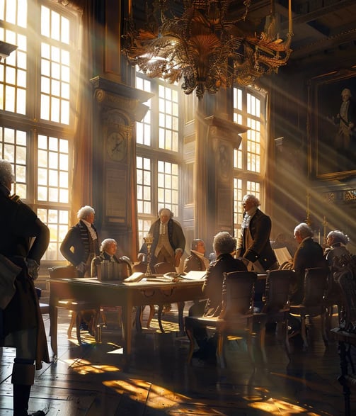An interior depiction of a late-18th-century colonial chamber where figures dressed in historically