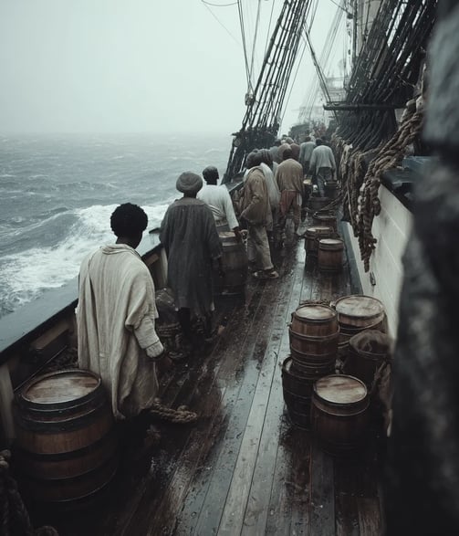 1781 on the deck of the British ship Zong, enslaved Africans in coarse cloth remain shackled