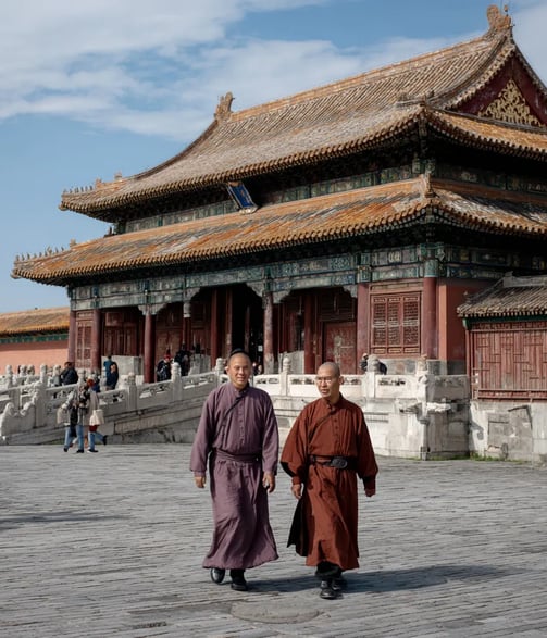 Eunuchs in crimson robes and palace guards in lacquered armor stroll courtyards of marble balustrade