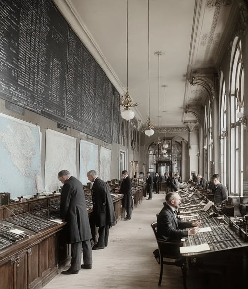 Imperial Post Office: delegates in frock coats and bowler hats lean over large wall maps