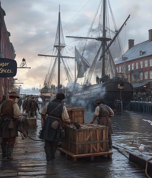 Boston Harbor, Massachusetts, 1716, at dawn,
