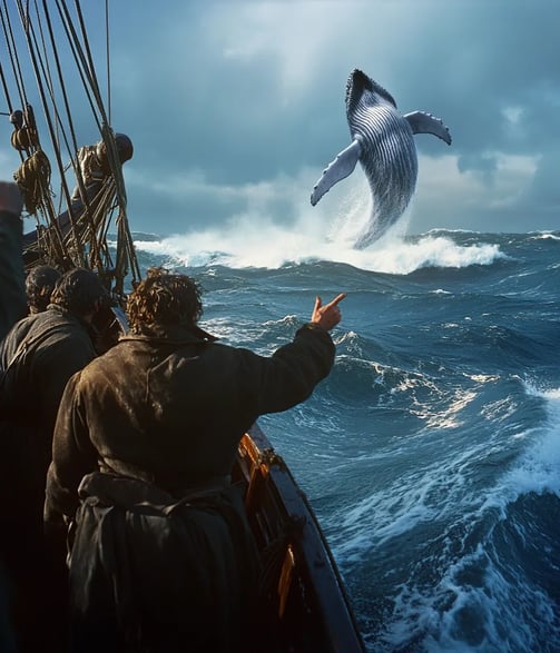 Bright midday in the open Pacific, early 19th century, the whaling ship Essex navigating