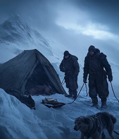 British explorers in heavy wool and fur-lined parkas uncovering the snow-covered tent