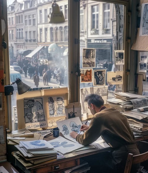 Belgian cartoonist Peyo seated at his drafting desk, sketching the first-ever Smurf in blue ink