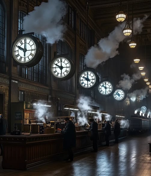 Busy 19th-century train station in St. Louis, multiple clocks above ticket counters