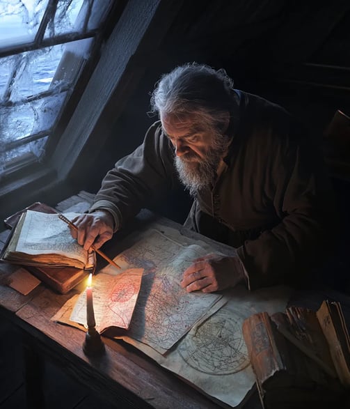 candlelit New England attic room, Herman Melville hunched over a rough pine desk cluttered