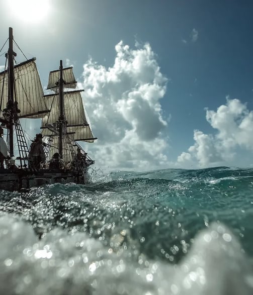 Blackbeard’s flagship sloop closes on a three-masted French merchant slave ship