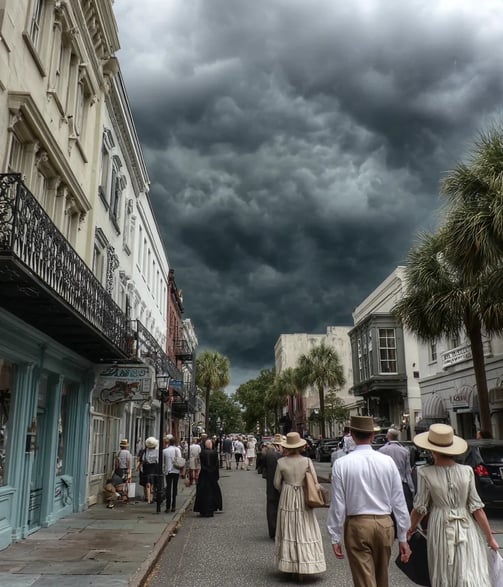 Noon beneath a roiling sky: dark thunderheads loom over cobblestone Market Street