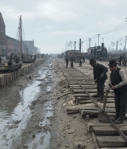 Chicago’s North Bank: engineers in frock coats and bowler hats inspect chalked survey lines