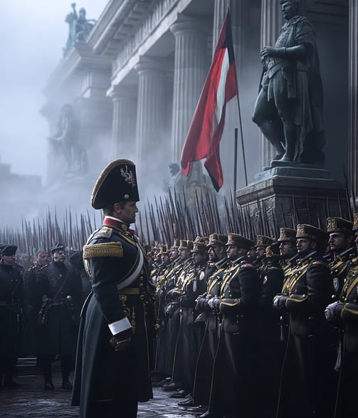 Chilly autumn afternoon, Berlin 1806, Napoleon I in military regalia standing on the step