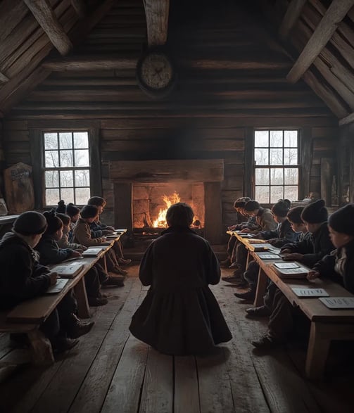 Colonial Classroom: In a simple wooden schoolhouse with small windows, children sit on benches