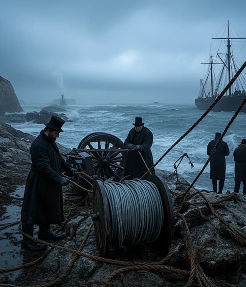 dawn on a rocky English coastline, 1840s engineers in wool coats and top hats unspooling
