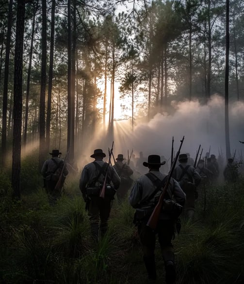 Dense pine forests of Georgia at dawn, 1817, U.S. soldiers in early 19th-century military uniforms