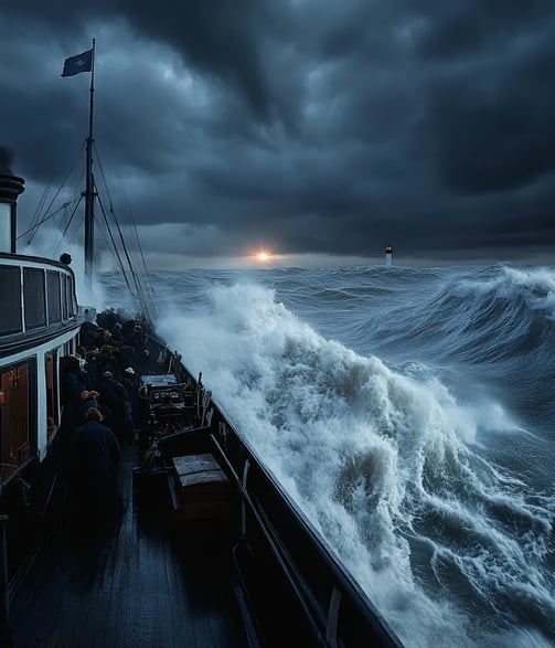 Dusk falling over the turbulent English Channel, 1905, passenger steamer Hilda pushing through