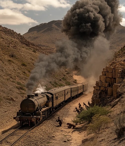dusty railway in Natal province, armored British train winding through sun-scorched hills