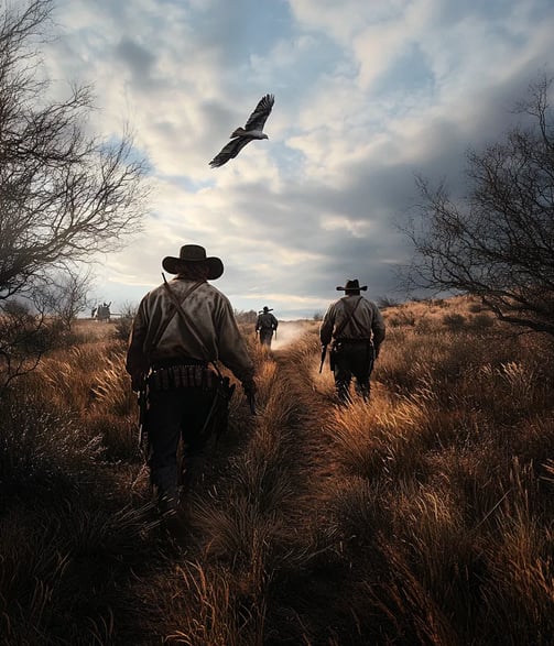 Dusty wagon trail through Oklahoma territory, 1873, James Reed and two masked accomplices crouched