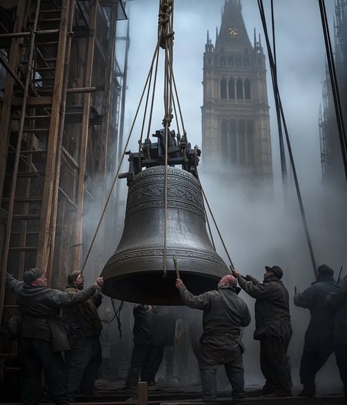 early morning, 1856, massive bronze bell suspended by thick ropes over a scaffold