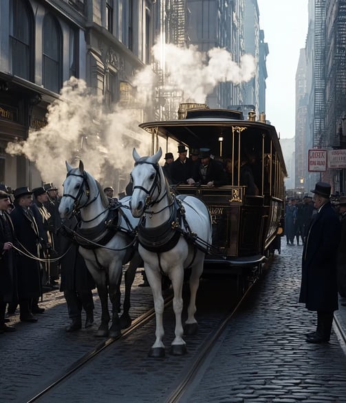 early morning 4th Avenue, New York City, crowds gathering excitedly around a gleaming new streetcar