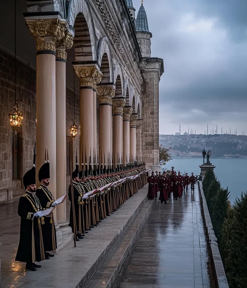 early morning in Istanbul, rows of Ottoman guards in ceremonial dress lining the steps of Dolmabahçe