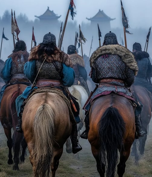 Early morning mist over rolling plains outside Luoyang, 762 CE, ranks of Uyghur horsemen in ornate