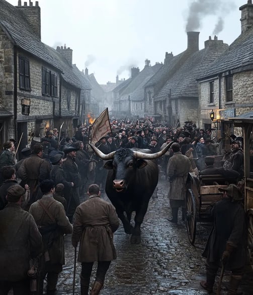 early Victorian era, crowded cobbled streets of Stamford, England, roaring bull charging