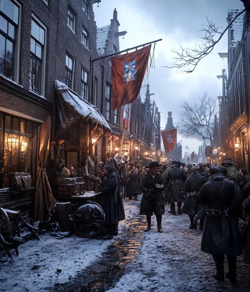 early winter morning in 1813 Amsterdam, narrow canal streets crowded with working-class Dutch citize