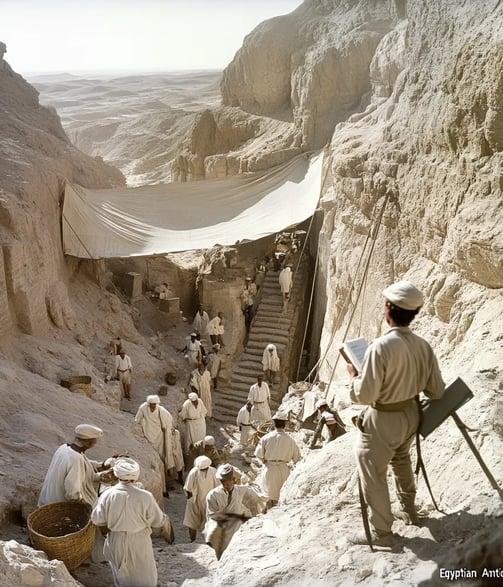 workers in white linen robes clear dust from a newly discovered stairway