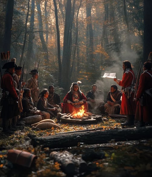 forested river clearing, 1764, Native leaders gathered near a fire circle, Chief Pontiac seated