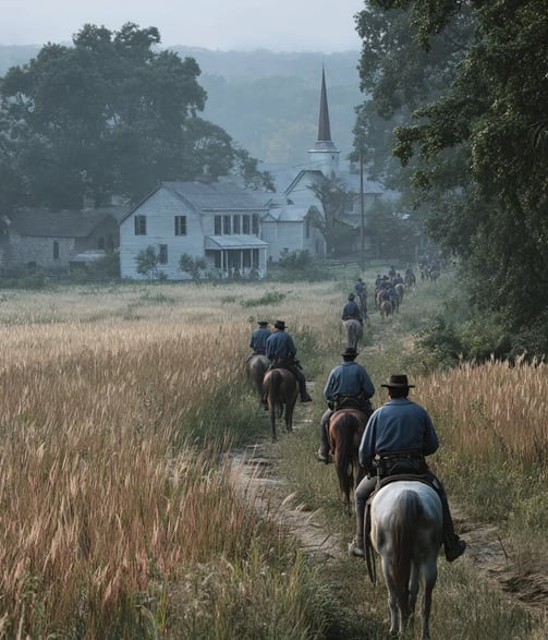 Gettysburg: Union cavalry in sky-blue frock coats and kepis cautiously ride past golden wheat fields