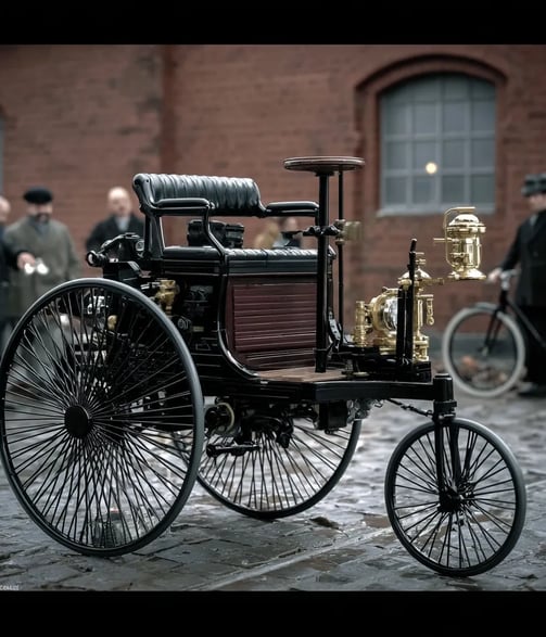 three-wheeled Patent-Motorwagen parked before a red-brick workshop