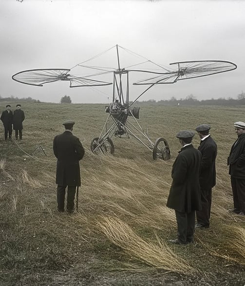 windswept French countryside near Lisieux, 1907, Paul Cornu beside his twin-rotor helicopter