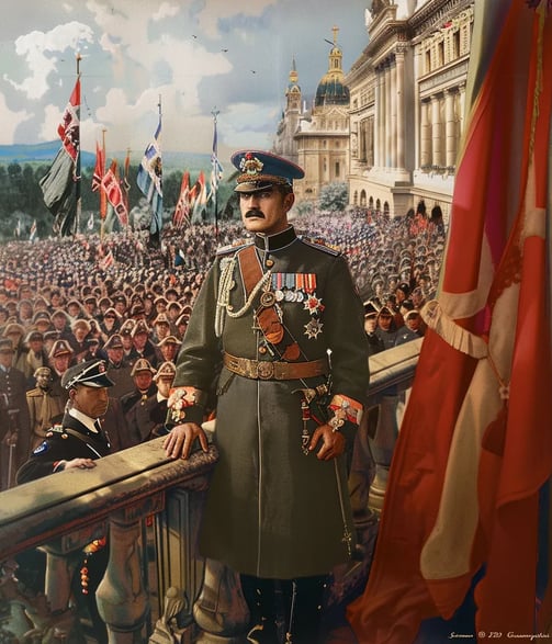 King Alexander I addressing a large crowd from a grand balcony after proclaiming the Kingdom of Yugo