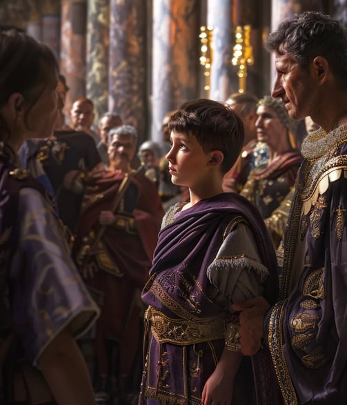 young Valentinian III, clad in a miniature purple toga, is presented before Roman senators