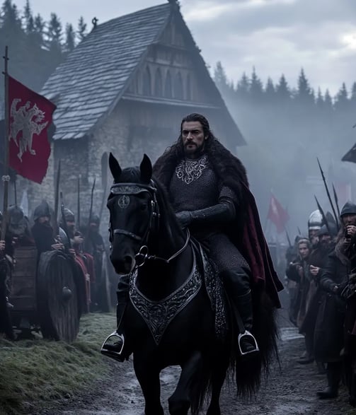 Vlad III’s black destrier emerges from dense pine forests onto frost-hardened