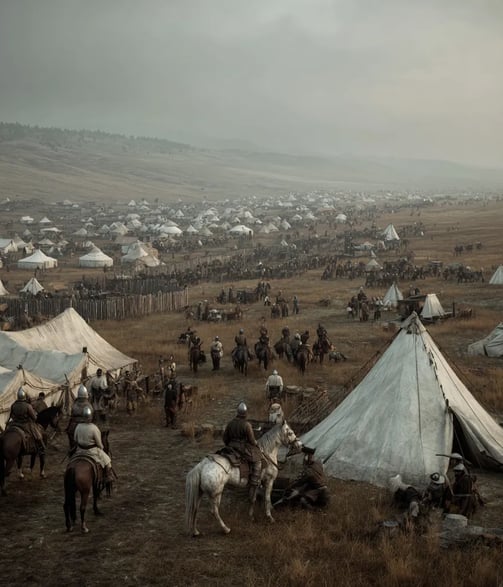 Batu Khan’s Mongol horde pitches black felt yurts and canvas tents beyond a wooden palisade