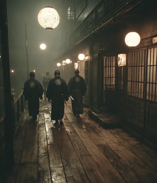 Shinsengumi—dressed in dark indigo haori jackets emblazoned with white chrysanthemum crests